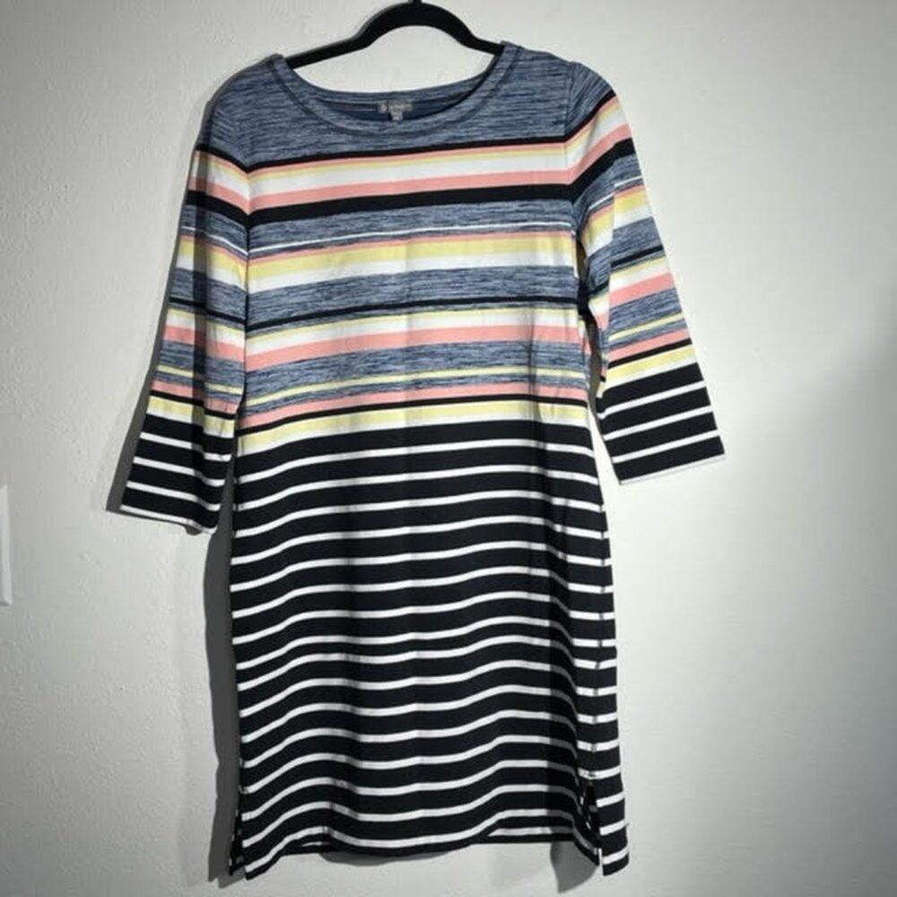 T By Talbots Striped Shift Dress Multicolor Scoop Neck 3/4 Sleeve M